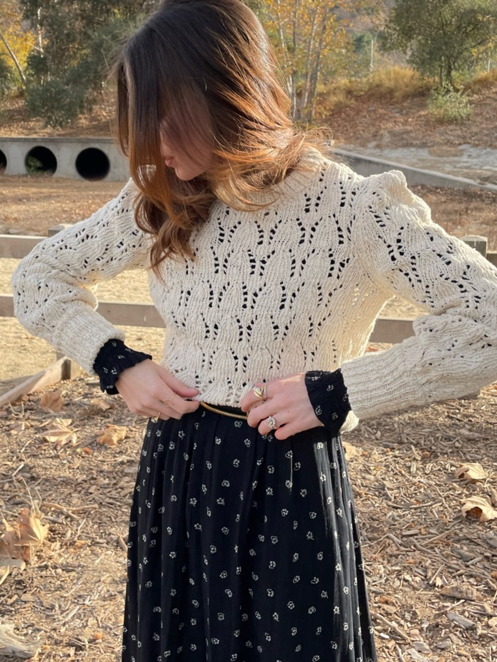 Paneros Cream Pointelle Knit Cropped Sweater | Cotton Puff Sleeve Cozy Boho